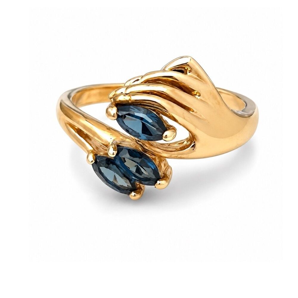 Vintage 1970s Ring Size 9 Victorian Revival Hand Blue Crystal Gold Plate - 14Y